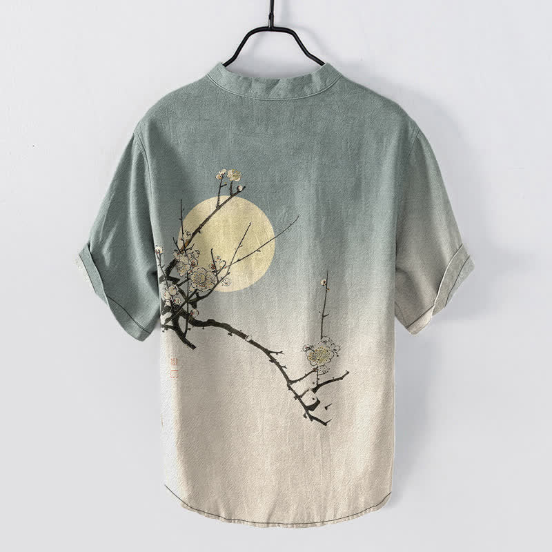 Buddha Stones Camisa de manga corta con medio botón para hombre, de algodón, con estampado de flor de ciruelo y luna. - image 6