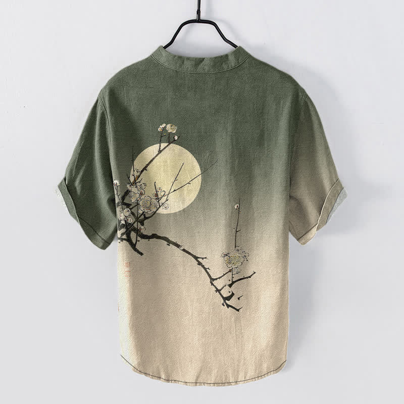 Buddha Stones Camisa de manga corta con medio botón para hombre, de algodón, con estampado de flor de ciruelo y luna. - image 8