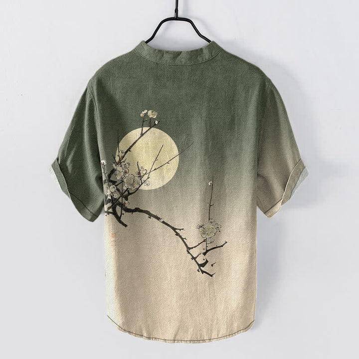Buddha Stones Camisa de manga corta con medio botón para hombre, de algodón, con estampado de flor de ciruelo y luna. - image 8