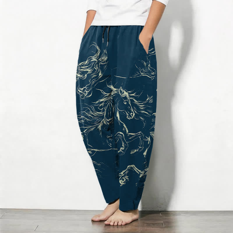 Buddha Stones Pantalones de hombre de algodón puro con estampado de caballo corriendo, cordón ajustable y bolsillos. - image 1