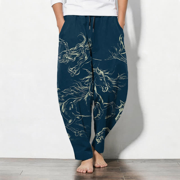 Buddha Stones Pantalones de hombre de algodón puro con estampado de caballo corriendo, cordón ajustable y bolsillos. - Marina de guerra - US/UK/AU50, EU60 (5XL) - image 0