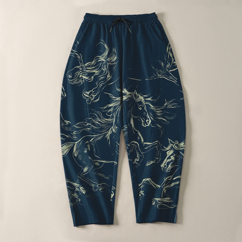 Buddha Stones Pantalones de hombre de algodón puro con estampado de caballo corriendo, cordón ajustable y bolsillos. - image 2