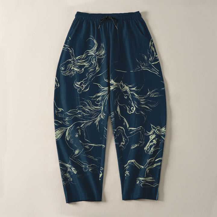 Buddha Stones Pantalones de hombre de algodón puro con estampado de caballo corriendo, cordón ajustable y bolsillos. - image 2