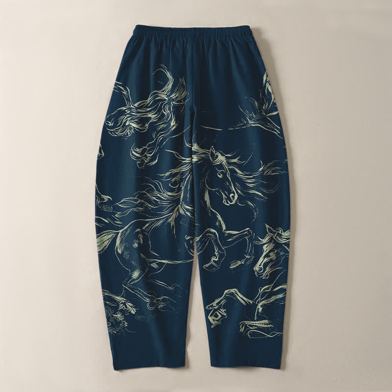 Buddha Stones Pantalones de hombre de algodón puro con estampado de caballo corriendo, cordón ajustable y bolsillos. - image 3