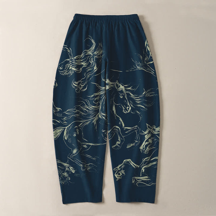 Buddha Stones Pantalones de hombre de algodón puro con estampado de caballo corriendo, cordón ajustable y bolsillos. - image 3