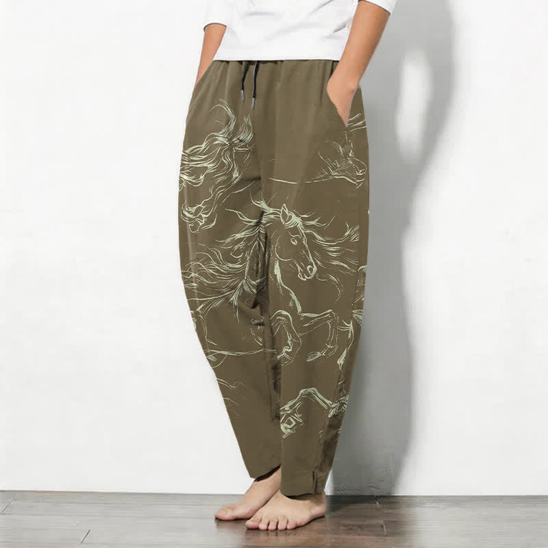 Buddha Stones Pantalones de hombre de algodón puro con estampado de caballo corriendo, cordón ajustable y bolsillos. - image 12