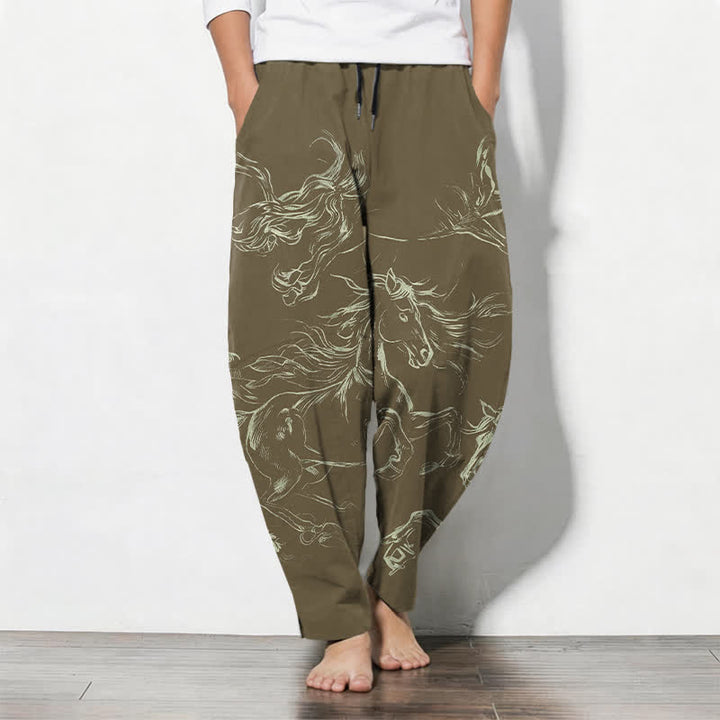 Buddha Stones Pantalones de hombre de algodón puro con estampado de caballo corriendo, cordón ajustable y bolsillos. - Vara de oro oscura - US/UK/AU50, EU60 (5XL) - image 11