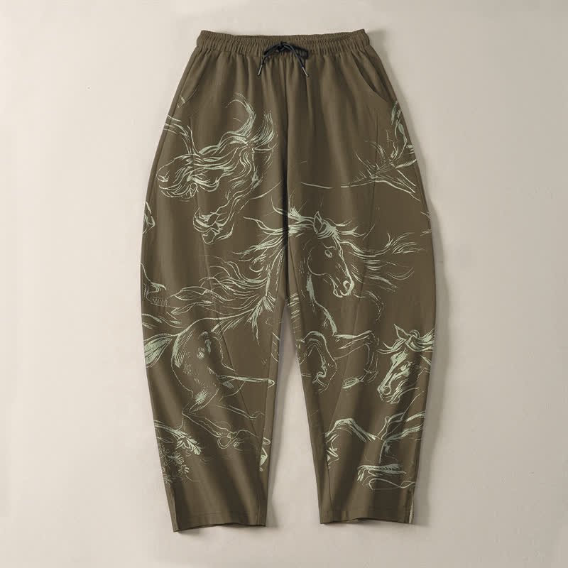 Buddha Stones Pantalones de hombre de algodón puro con estampado de caballo corriendo, cordón ajustable y bolsillos. - image 13