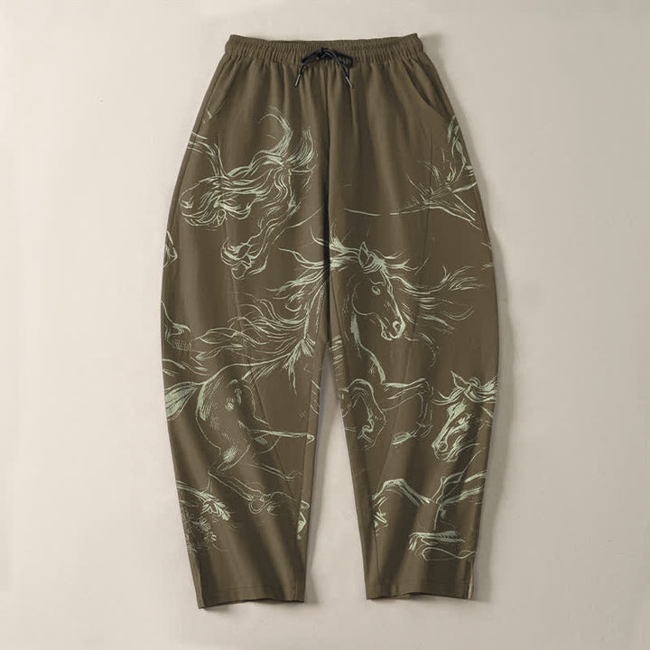 Buddha Stones Pantalones de hombre de algodón puro con estampado de caballo corriendo, cordón ajustable y bolsillos. - image 13
