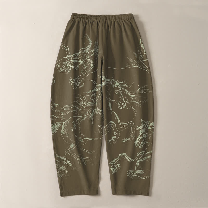 Buddha Stones Pantalones de hombre de algodón puro con estampado de caballo corriendo, cordón ajustable y bolsillos. - image 14