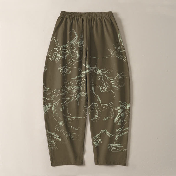 Buddha Stones Pantalones de hombre de algodón puro con estampado de caballo corriendo, cordón ajustable y bolsillos. - image 14