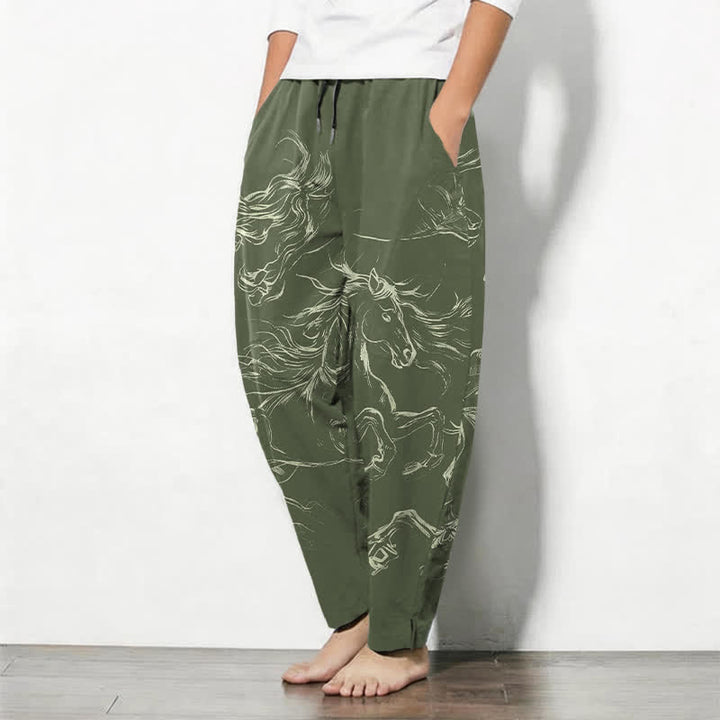 Buddha Stones Pantalones de hombre de algodón puro con estampado de caballo corriendo, cordón ajustable y bolsillos. - image 8