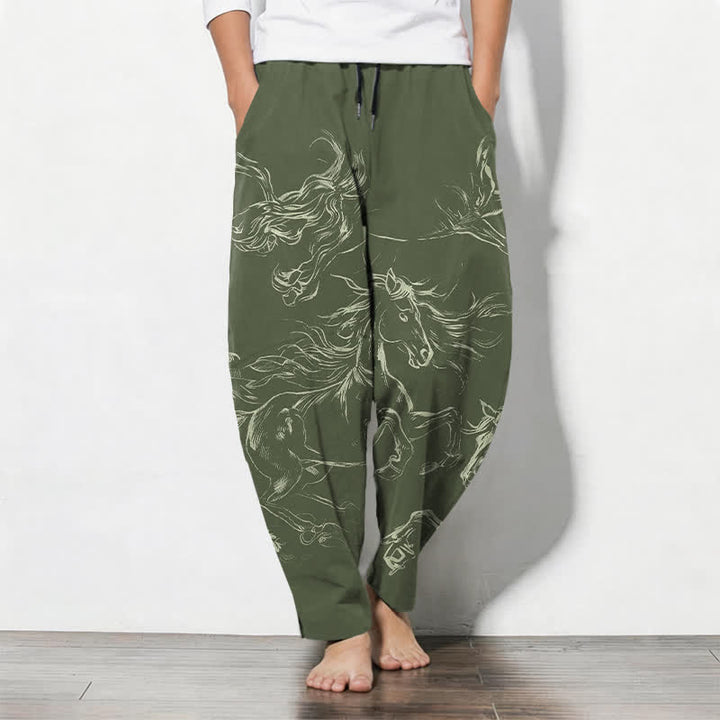 Buddha Stones Pantalones de hombre de algodón puro con estampado de caballo corriendo, cordón ajustable y bolsillos. - Verde oliva oscuro - US/UK/AU50, EU60 (5XL) - image 7