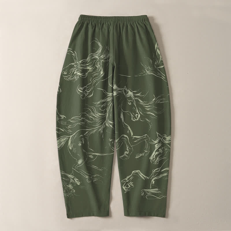 Buddha Stones Pantalones de hombre de algodón puro con estampado de caballo corriendo, cordón ajustable y bolsillos. - image 10