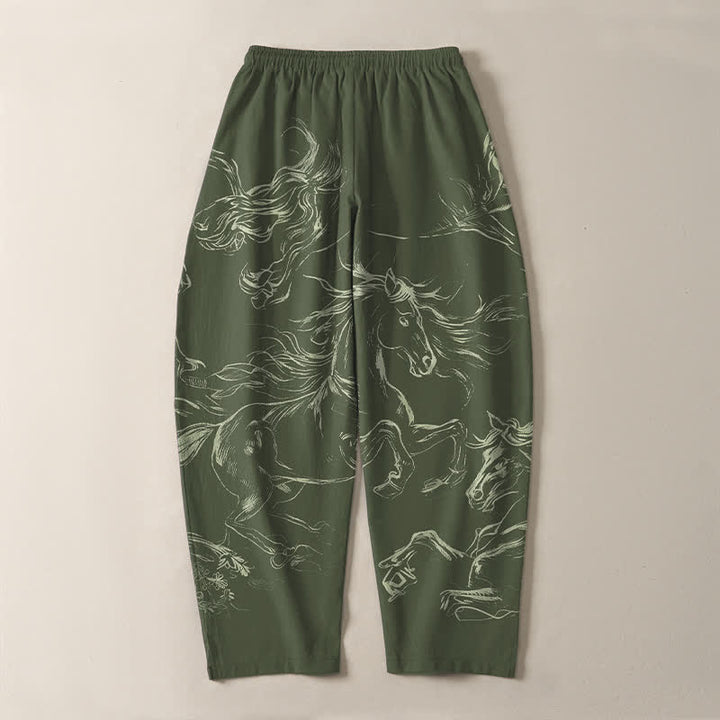 Buddha Stones Pantalones de hombre de algodón puro con estampado de caballo corriendo, cordón ajustable y bolsillos. - image 10