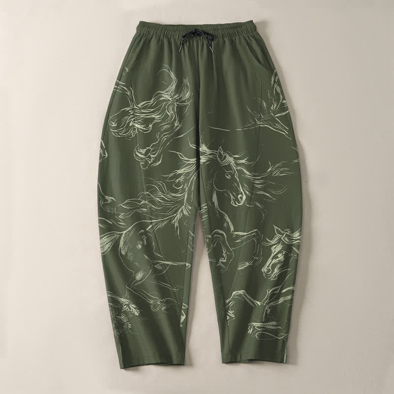 Buddha Stones Pantalones de hombre de algodón puro con estampado de caballo corriendo, cordón ajustable y bolsillos. - image 9