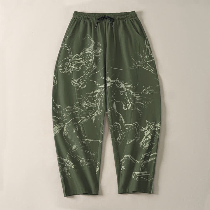 Buddha Stones Pantalones de hombre de algodón puro con estampado de caballo corriendo, cordón ajustable y bolsillos. - image 9