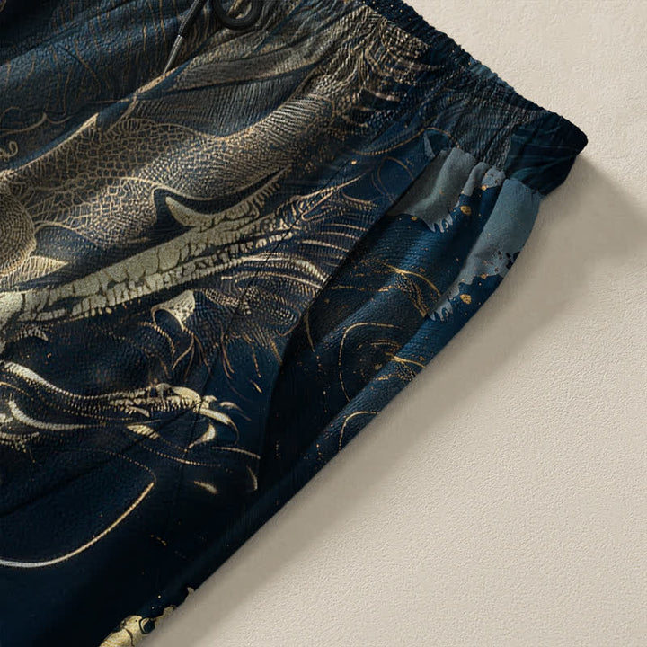 Buddha Stones Pantalones de hombre de algodón puro con estampado de ondas de dragón dorado, cordón ajustable y corte cónico, con bolsillos. - image 4