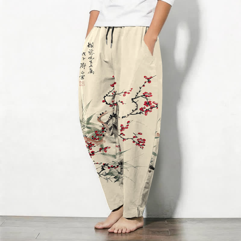Buddha Stones Pantalones de hombre de algodón puro con estampado de flores de ciruelo y cordón ajustable, corte cónico y bolsillos. - image 1