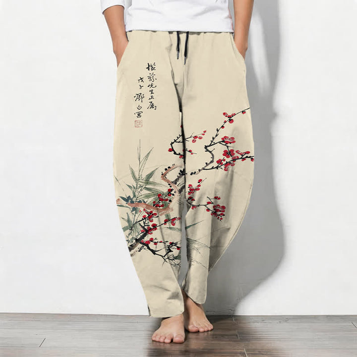 Buddha Stones Pantalones de hombre de algodón puro con estampado de flores de ciruelo y cordón ajustable, corte cónico y bolsillos. - Beige - US/UK/AU50, EU60 (5XL) - image 0
