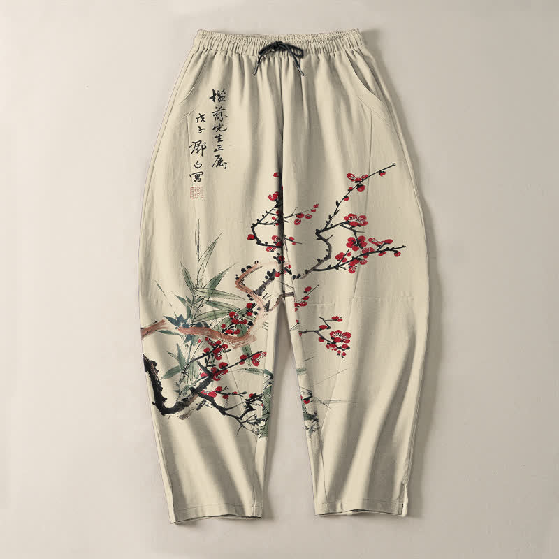 Buddha Stones Pantalones de hombre de algodón puro con estampado de flores de ciruelo y cordón ajustable, corte cónico y bolsillos. - image 2