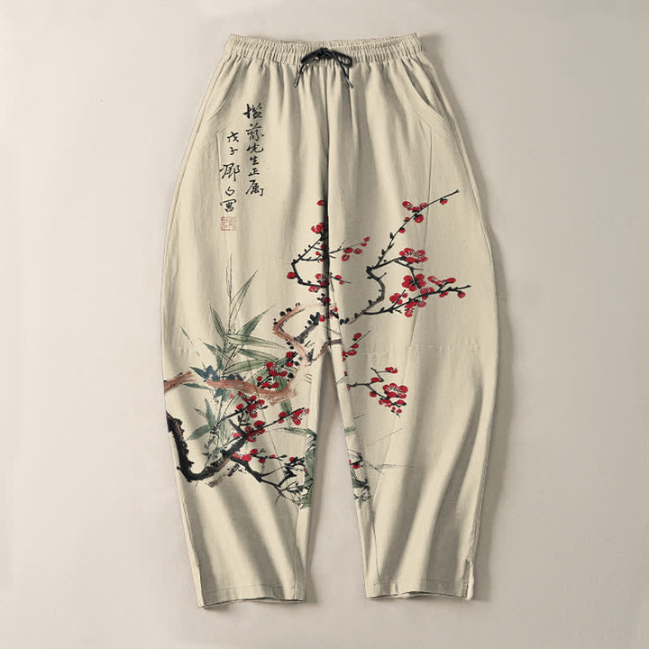 Buddha Stones Pantalones de hombre de algodón puro con estampado de flores de ciruelo y cordón ajustable, corte cónico y bolsillos. - image 2