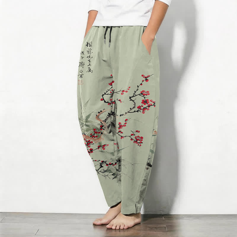 Buddha Stones Pantalones de hombre de algodón puro con estampado de flores de ciruelo y cordón ajustable, corte cónico y bolsillos. - image 8