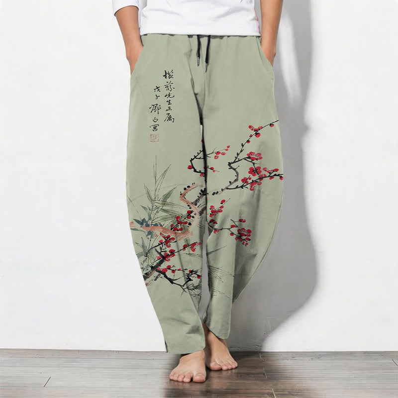 Buddha Stones Pantalones de hombre de algodón puro con estampado de flores de ciruelo y cordón ajustable, corte cónico y bolsillos. - Verde mar oscuro - US/UK/AU50, EU60 (5XL) - image 7