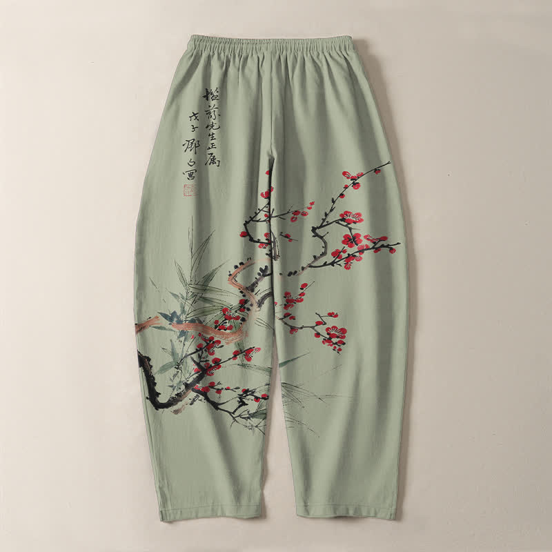 Buddha Stones Pantalones de hombre de algodón puro con estampado de flores de ciruelo y cordón ajustable, corte cónico y bolsillos. - image 10