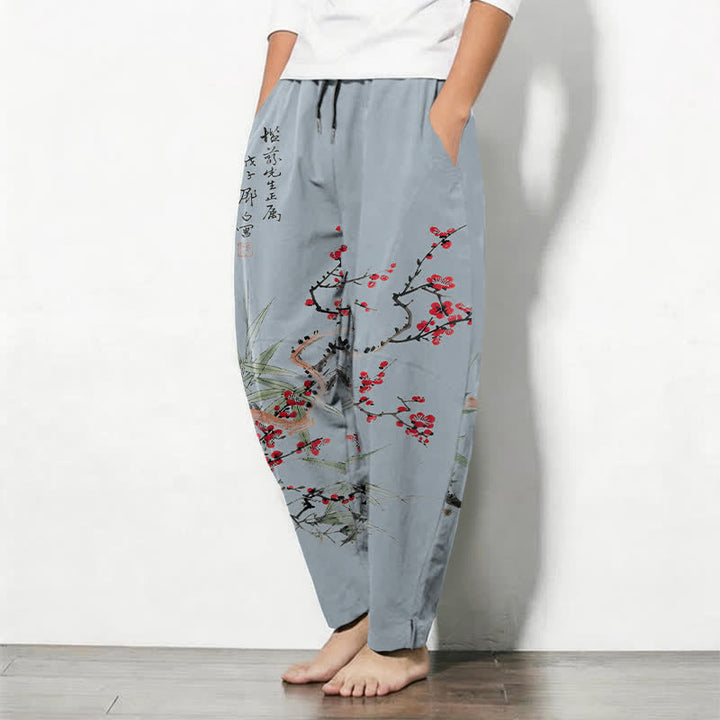 Buddha Stones Pantalones de hombre de algodón puro con estampado de flores de ciruelo y cordón ajustable, corte cónico y bolsillos. - image 12