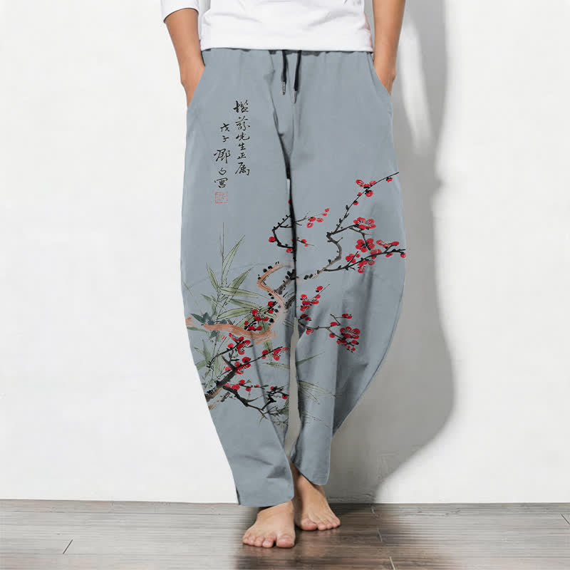 Buddha Stones Pantalones de hombre de algodón puro con estampado de flores de ciruelo y cordón ajustable, corte cónico y bolsillos. - Azul acero claro - US/UK/AU50, EU60 (5XL) - image 11