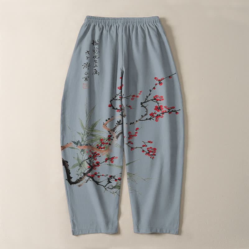 Buddha Stones Pantalones de hombre de algodón puro con estampado de flores de ciruelo y cordón ajustable, corte cónico y bolsillos. - image 14