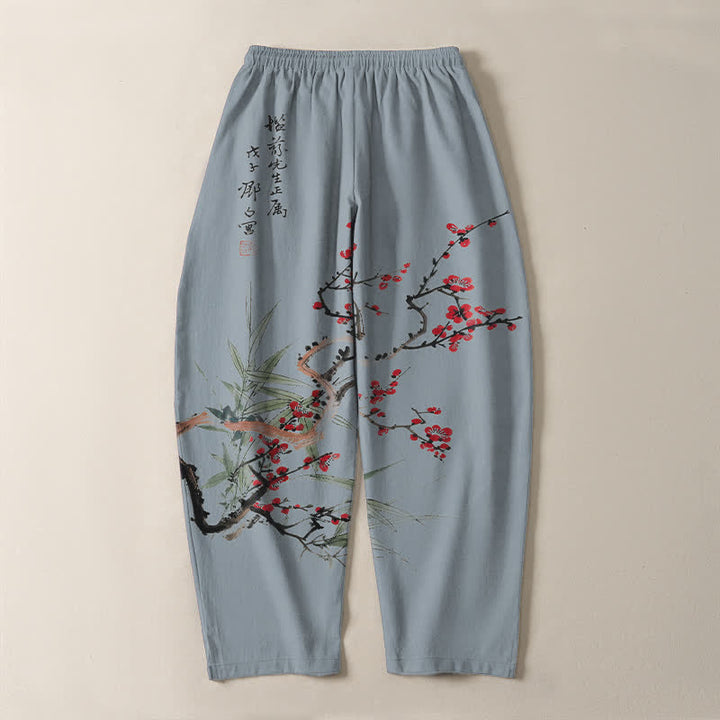 Buddha Stones Pantalones de hombre de algodón puro con estampado de flores de ciruelo y cordón ajustable, corte cónico y bolsillos. - image 14