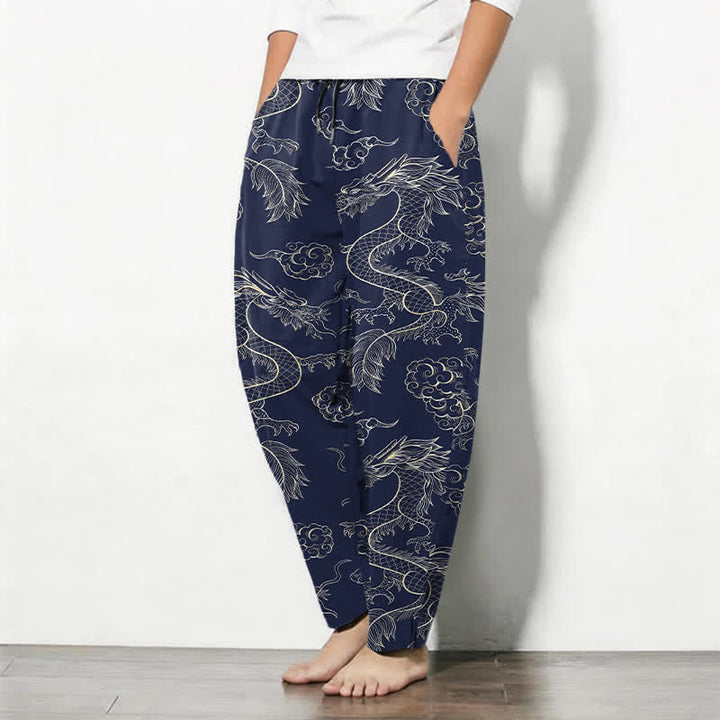 Buddha Stones Pantalones de hombre de algodón puro con estampado oriental de dragón y nubes, cordón ajustable y corte cónico, con bolsillos. - image 1