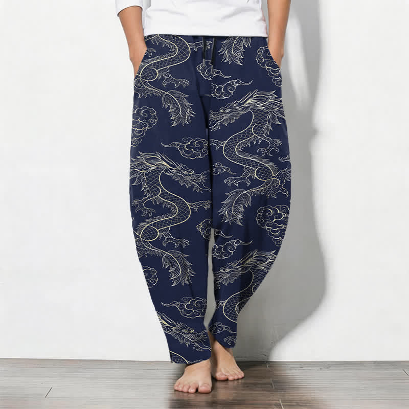 Buddha Stones Pantalones de hombre de algodón puro con estampado oriental de dragón y nubes, cordón ajustable y corte cónico, con bolsillos. - Marina de guerra - US/UK/AU50, EU60 (5XL) - image 0