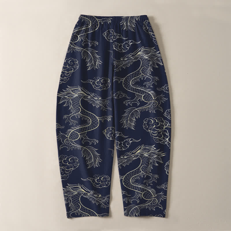 Buddha Stones Pantalones de hombre de algodón puro con estampado oriental de dragón y nubes, cordón ajustable y corte cónico, con bolsillos. - image 3