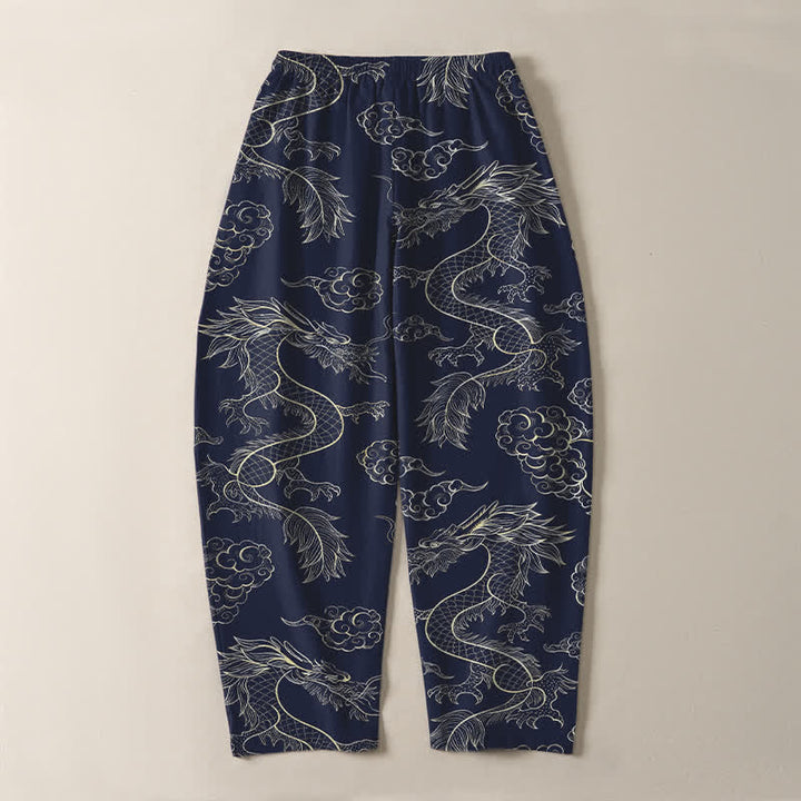 Buddha Stones Pantalones de hombre de algodón puro con estampado oriental de dragón y nubes, cordón ajustable y corte cónico, con bolsillos. - image 3