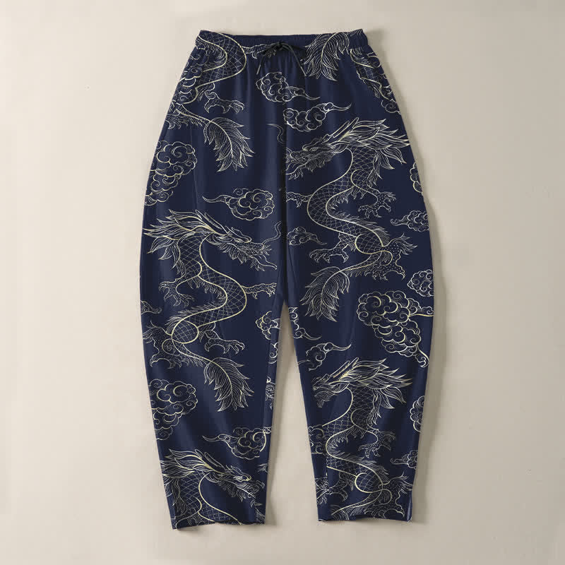 Buddha Stones Pantalones de hombre de algodón puro con estampado oriental de dragón y nubes, cordón ajustable y corte cónico, con bolsillos. - image 2