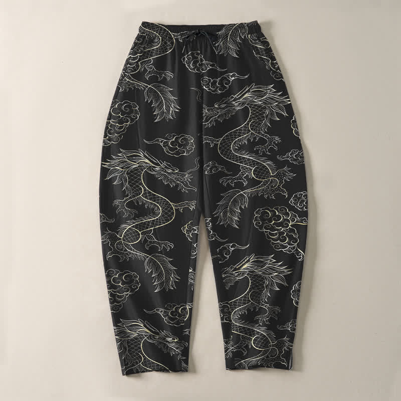 Buddha Stones Pantalones de hombre de algodón puro con estampado oriental de dragón y nubes, cordón ajustable y corte cónico, con bolsillos. - image 9