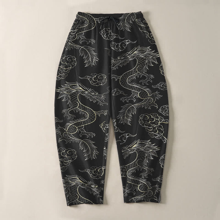 Buddha Stones Pantalones de hombre de algodón puro con estampado oriental de dragón y nubes, cordón ajustable y corte cónico, con bolsillos. - image 9