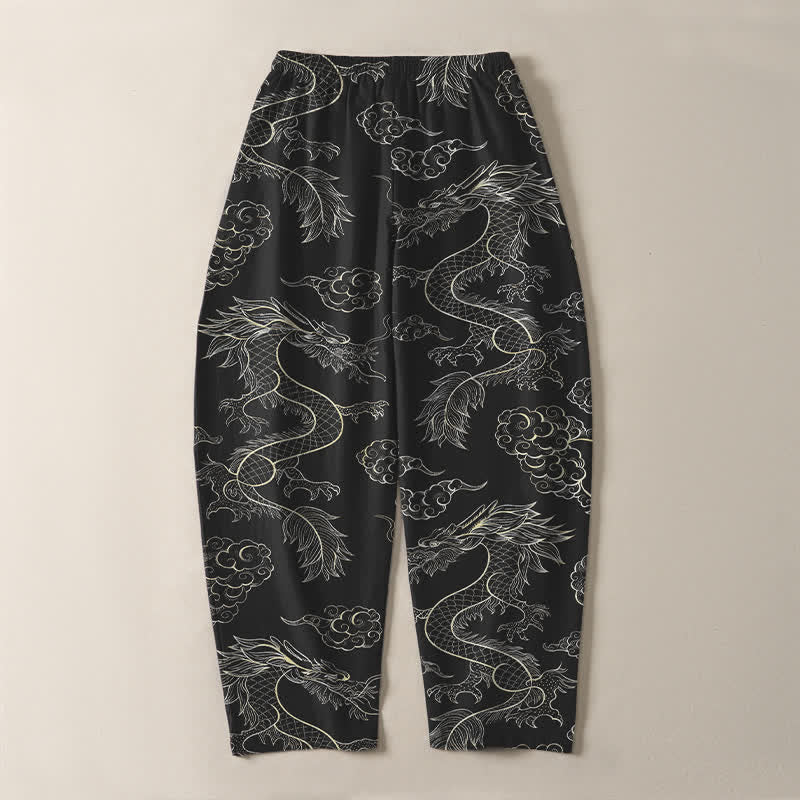 Buddha Stones Pantalones de hombre de algodón puro con estampado oriental de dragón y nubes, cordón ajustable y corte cónico, con bolsillos. - image 10
