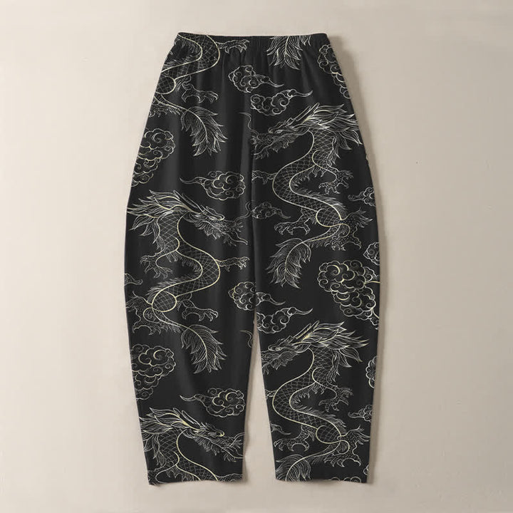 Buddha Stones Pantalones de hombre de algodón puro con estampado oriental de dragón y nubes, cordón ajustable y corte cónico, con bolsillos. - image 10