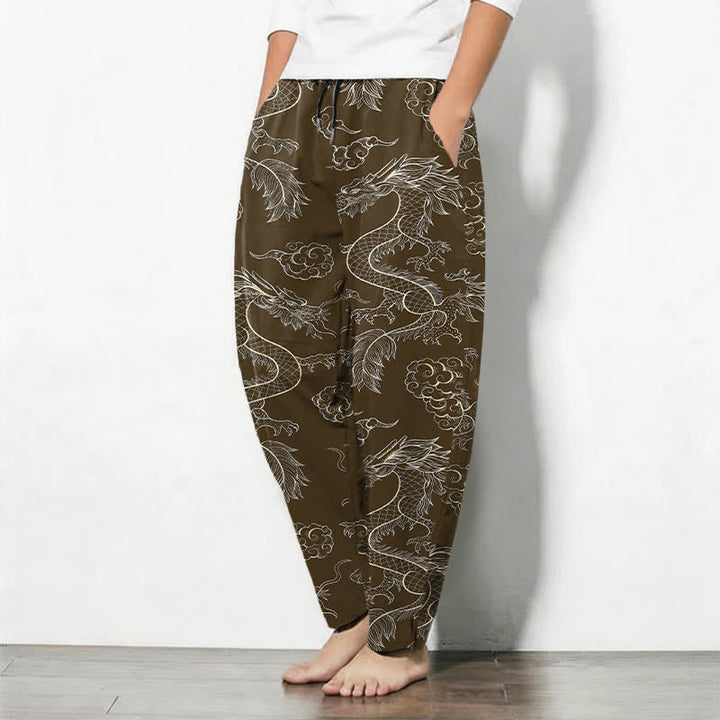 Buddha Stones Pantalones de hombre de algodón puro con estampado oriental de dragón y nubes, cordón ajustable y corte cónico, con bolsillos. - image 12
