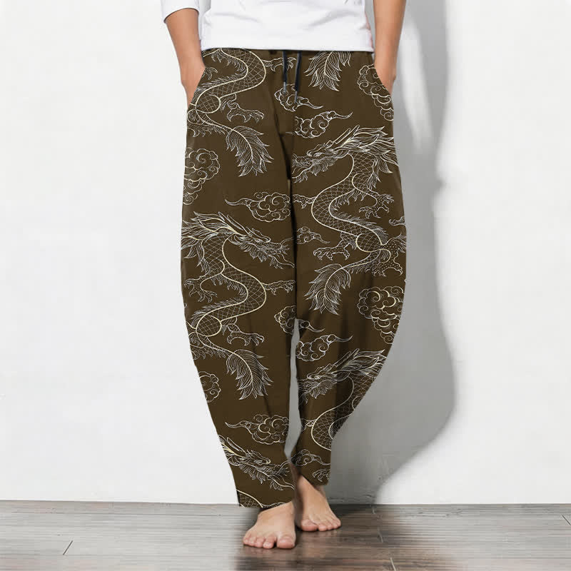 Buddha Stones Pantalones de hombre de algodón puro con estampado oriental de dragón y nubes, cordón ajustable y corte cónico, con bolsillos. - Marrón silla de montar - US/UK/AU50, EU60 (5XL) - image 11