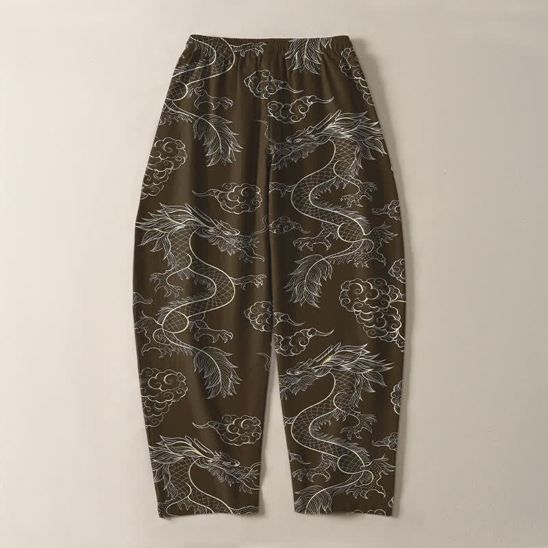 Buddha Stones Pantalones de hombre de algodón puro con estampado oriental de dragón y nubes, cordón ajustable y corte cónico, con bolsillos. - image 14