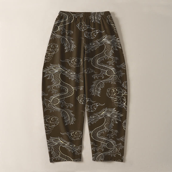 Buddha Stones Pantalones de hombre de algodón puro con estampado oriental de dragón y nubes, cordón ajustable y corte cónico, con bolsillos. - image 14