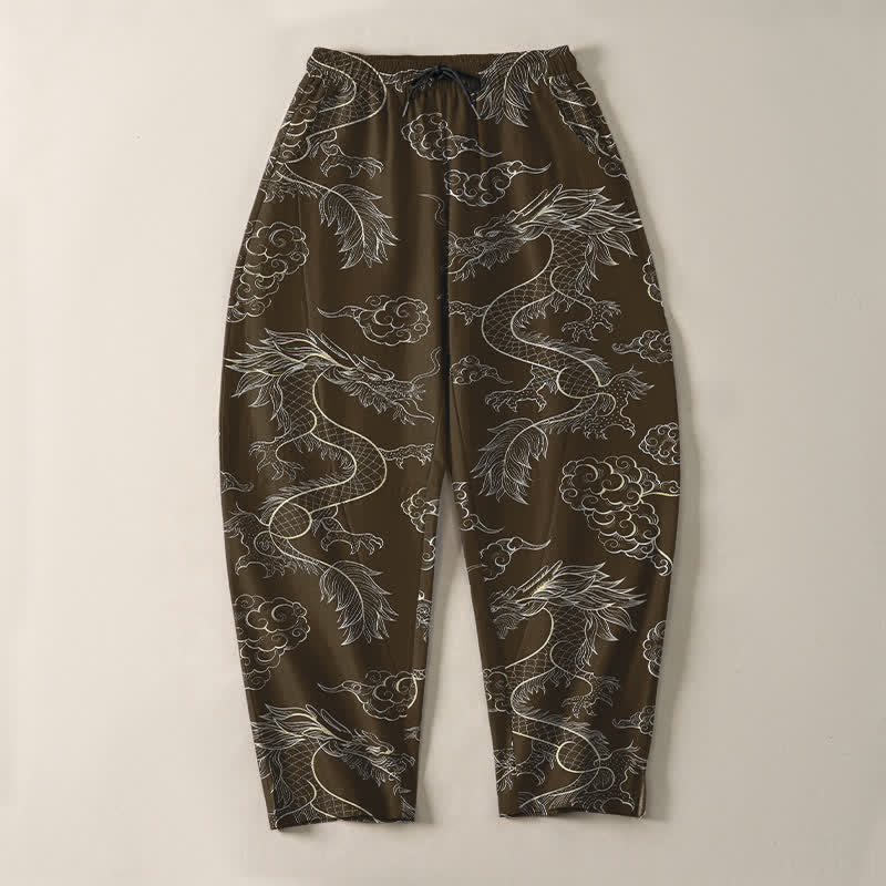 Buddha Stones Pantalones de hombre de algodón puro con estampado oriental de dragón y nubes, cordón ajustable y corte cónico, con bolsillos. - image 13