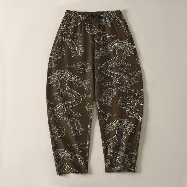 Buddha Stones Pantalones de hombre de algodón puro con estampado oriental de dragón y nubes, cordón ajustable y corte cónico, con bolsillos. - image 13