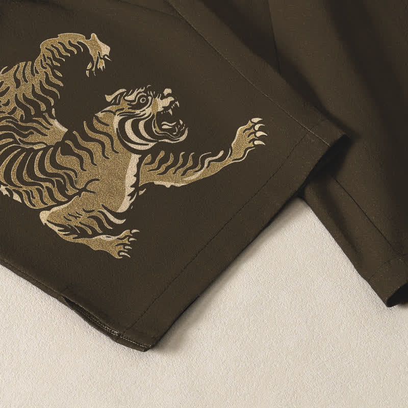 Buddha Stones Pantalones de hombre de algodón puro con estampado de tigre dorado, cordón ajustable y corte cónico, con bolsillos. - image 5