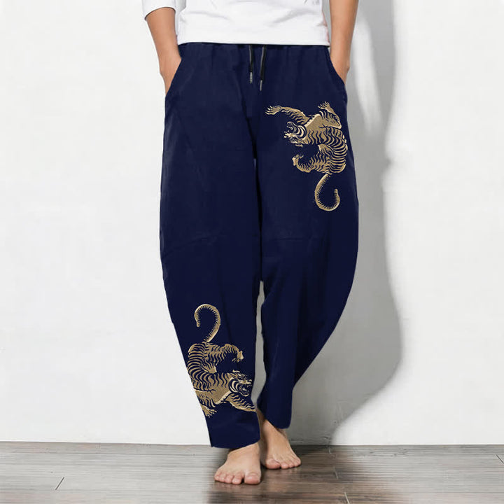 Buddha Stones Pantalones de hombre de algodón puro con estampado de tigre dorado, cordón ajustable y corte cónico, con bolsillos. - Azul medianoche - US/UK/AU50, EU60 (5XL) - image 7